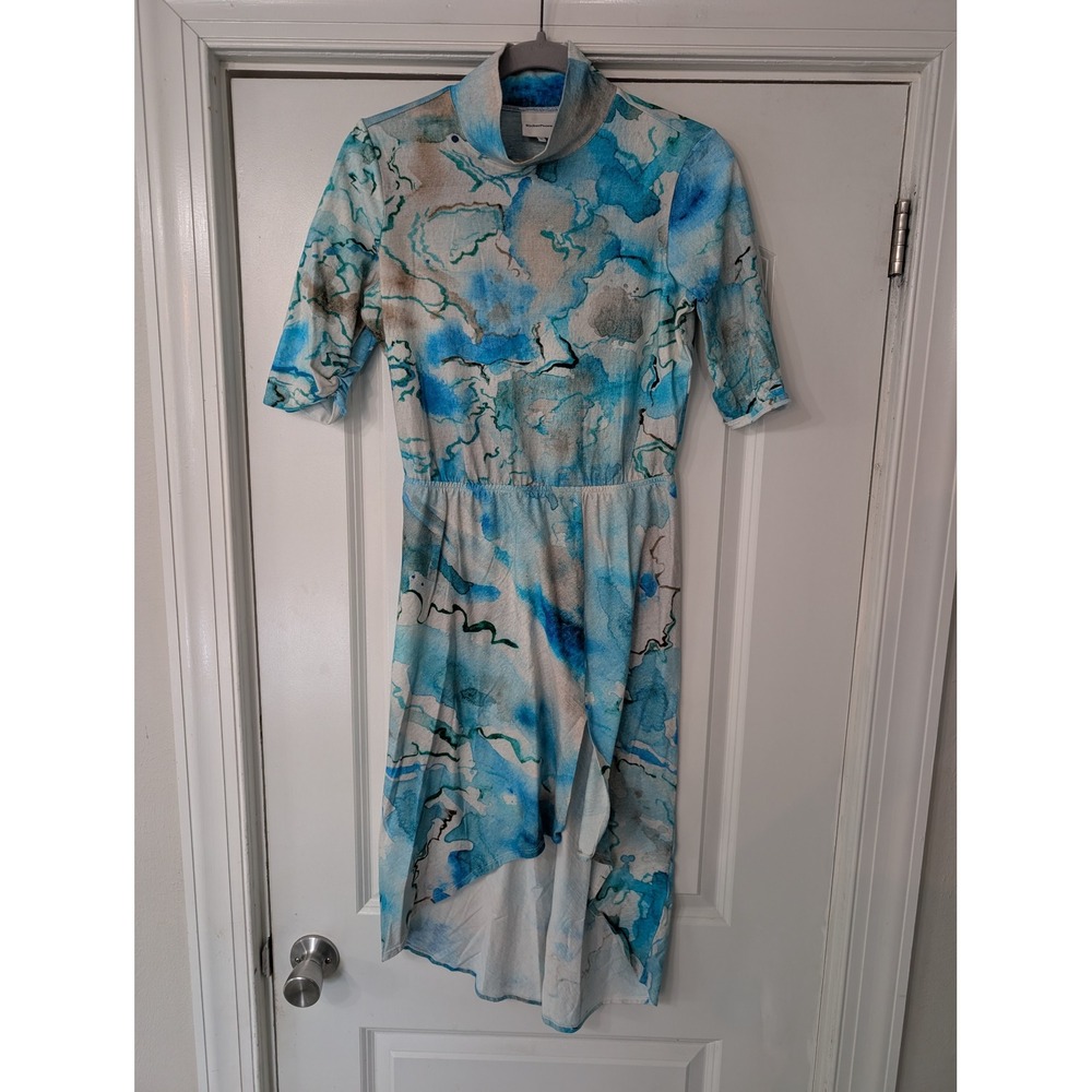 RicherPoorer Blue Watercolor Marble Mock Neck High Low Tulip Dress Womens Medium